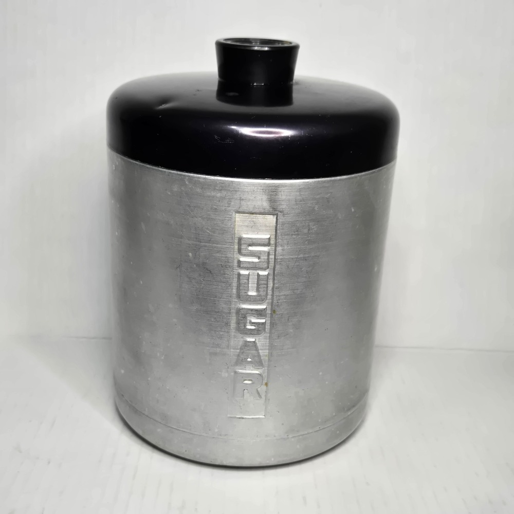 Vintage Aluminum Sugar Canister Black Lid Mid Century Modern Retro Silver Black